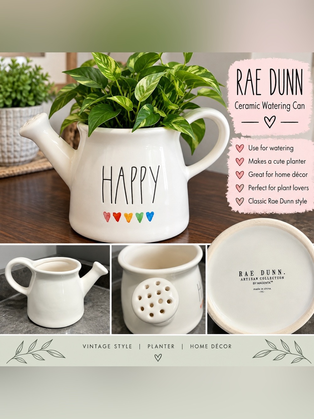 Rae Dunn White Ceramic 'HAPPY' Watering Can Planter with Rainbow Hearts